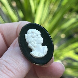 Petite Plastic Cameo Pin, Black and White, ca. 1950s