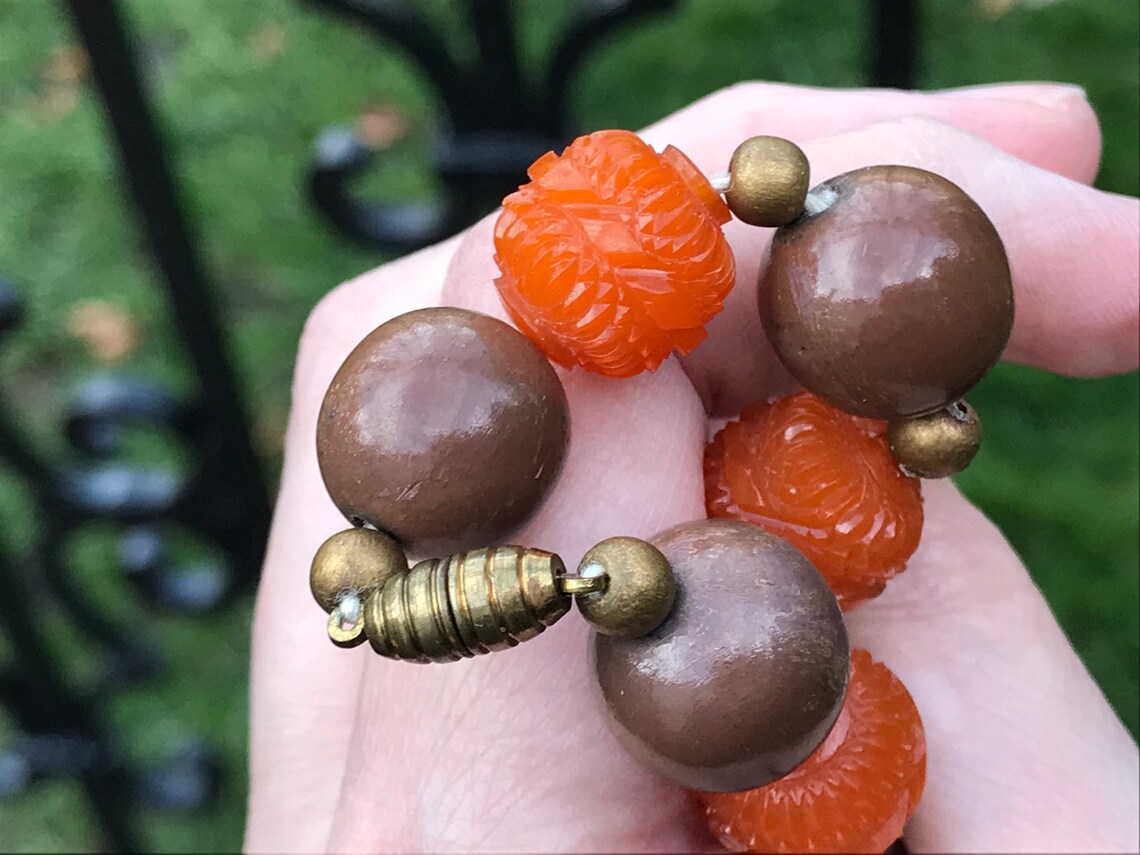 Vintage Plastic Necklace With Orange and Brown Beads Ca. Etsy
