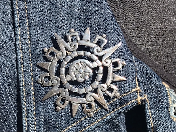 Mexican Sterling Aztec Sun Stone Brooch/Pendant, … - image 2