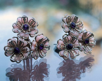 Pink Plastic Flower Earrings with Rhinestones, ca. 1950s, Vintage Earrings