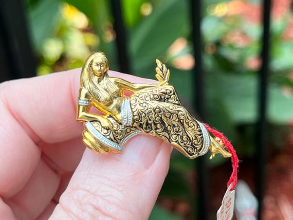 Damascene Style Lady Brooch with Original Tag, Ma… - image 6