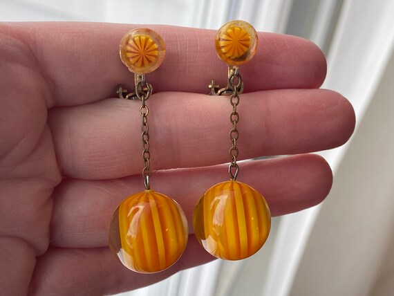 Orange and Yellow Striped Lucite Earrings, ca. 19… - image 2