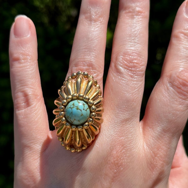 Napier Statement Ring with Faux Turquoise Cabochon, Adjustable, ca. 1970s