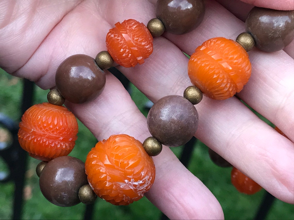 Vintage Plastic Necklace With Orange and Brown Beads Ca. Etsy