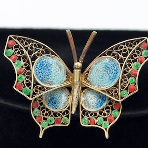 Plique-a-Jour Butterfly Brooch, 800 Silver and Enamel, Italian
