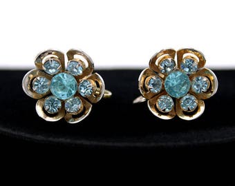 Flower Earrings with Aquamarine Rhinestones, ca. 1950s, Vintage Earrings