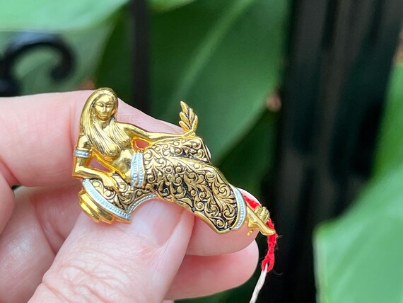 Damascene Style Lady Brooch with Original Tag, Ma… - image 4
