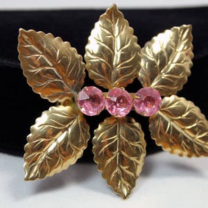 Brass Leaf Brooch with Pink Plastic Stones, ca. 1940s, Vintage Brooches
