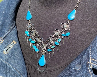 Vintage Bib Necklace with Blue Beads and Cabochons, ca. 2000
