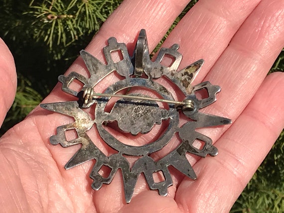 Mexican Sterling Aztec Sun Stone Brooch/Pendant, … - image 9