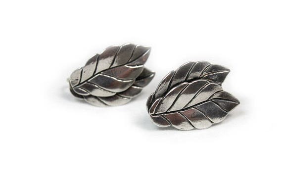 Silvertone Double Leaf Earrings, ca. 1950s, Vinta… - image 1