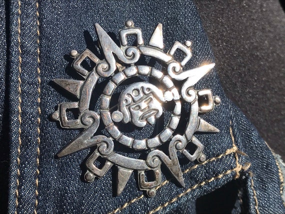 Mexican Sterling Aztec Sun Stone Brooch/Pendant, … - image 3