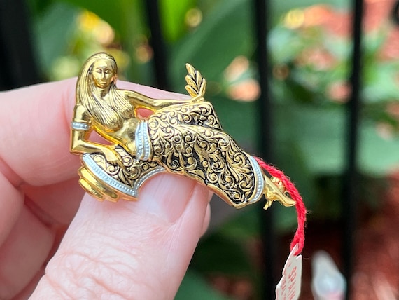 Damascene Style Lady Brooch with Original Tag, Ma… - image 1