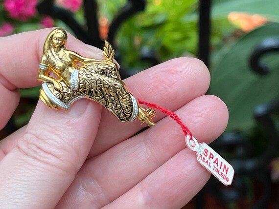 Damascene Style Lady Brooch with Original Tag, Ma… - image 2