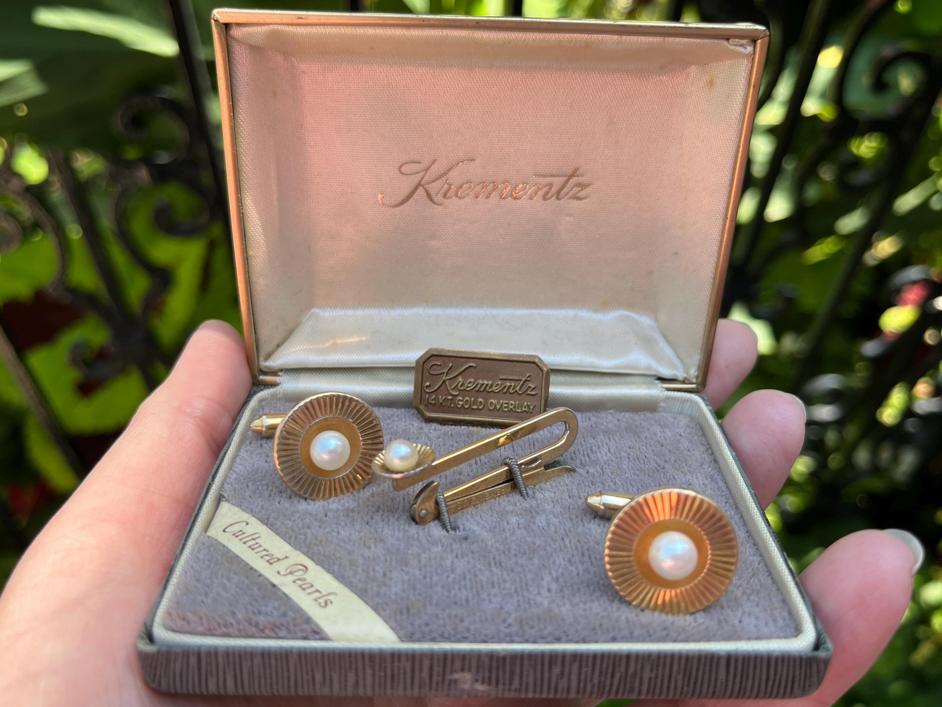 Boutons De Manchette Vintage Krementz Or Et Rouge - Référence Brevetés 52016, Occasion En Bon état