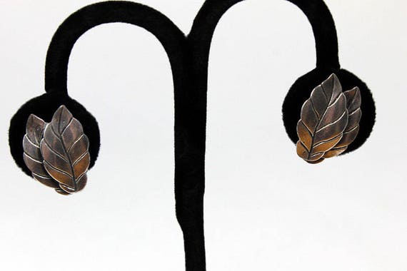 Silvertone Double Leaf Earrings, ca. 1950s, Vinta… - image 3