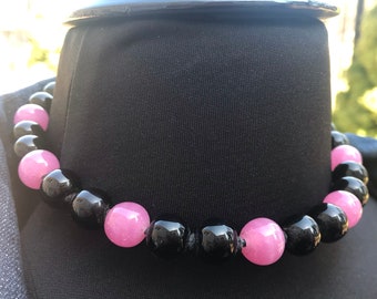 Japan Pink and Black Glass Bead Choker, For Smaller Neck, ca. 1960s