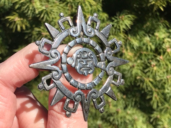 Mexican Sterling Aztec Sun Stone Brooch/Pendant, … - image 6