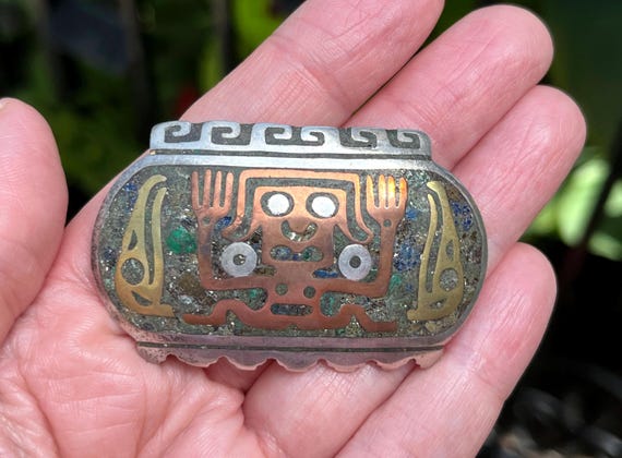 Los Ballesteros Mexican Silver Brooch With Mixed Metals and Stone