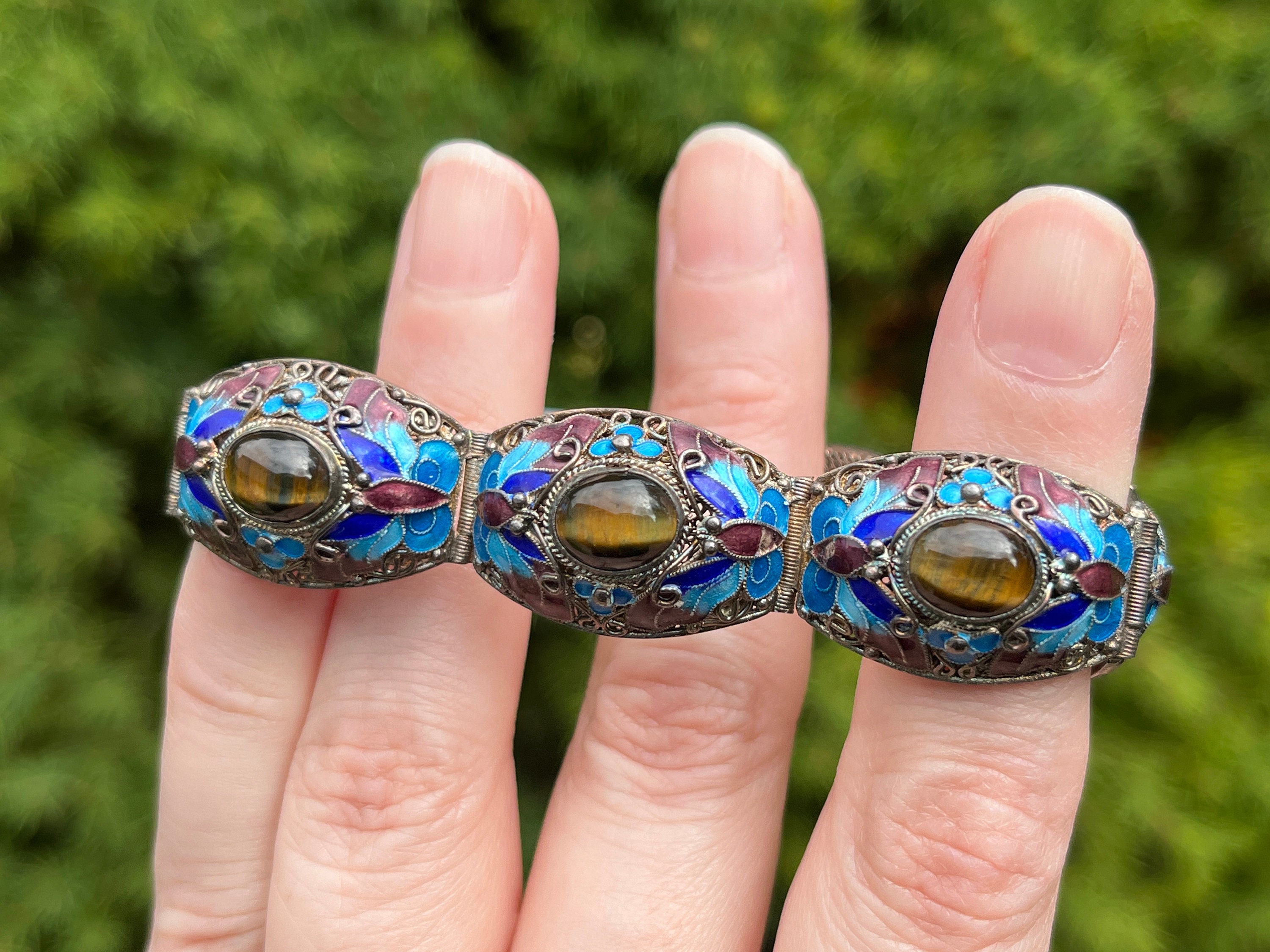 Chinese Export Silver Bracelet With Enamel and Tiger's Eye
