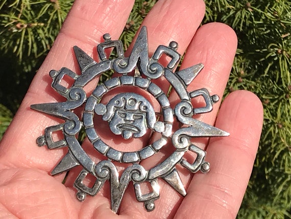 Mexican Sterling Aztec Sun Stone Brooch/Pendant, … - image 8
