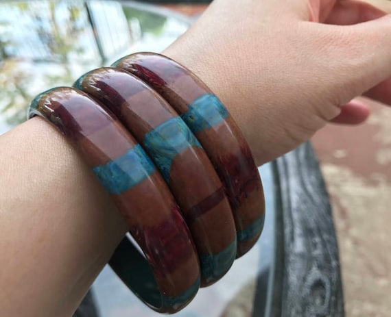 Mod Striped Lucite Bangles - Shades of Brown and … - image 1