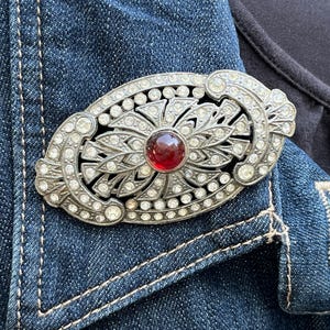 Art Deco Brooch with Rhinestones and Red Glass Cabochon, signed PJC, ca. 1930s