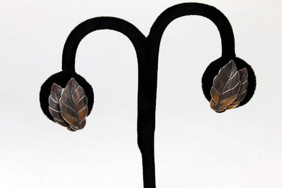 Silvertone Double Leaf Earrings, ca. 1950s, Vinta… - image 2