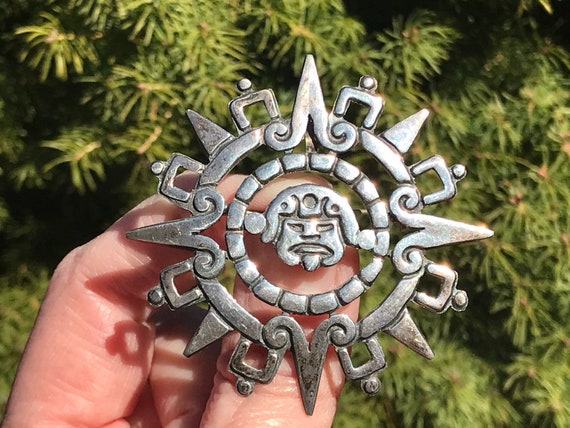 Mexican Sterling Aztec Sun Stone Brooch/Pendant, … - image 7