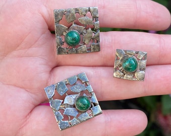 Men's Dress Set with Green Stone, Cuff Links and Tie Tack, ca. 1960s