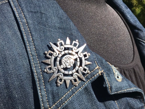 Mexican Sterling Aztec Sun Stone Brooch/Pendant, … - image 5