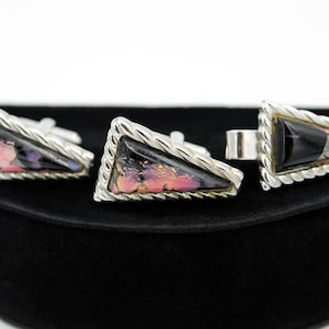Modernist Cuff Link and Tie Clasp Set, Pink and Black, Signed Speidel