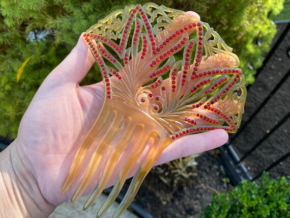 Antique Light Red Celluloid & Amber Rhinestone Hair Comb Antique Light Red Celluloid & Amber Rhinestone Hair Comb - Etsy main image 3