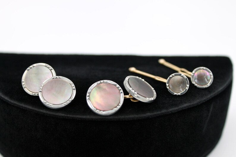 Krementz Tuxedo Dress Set Cuff Links and Studs Missing One Stud Original Box Abalone