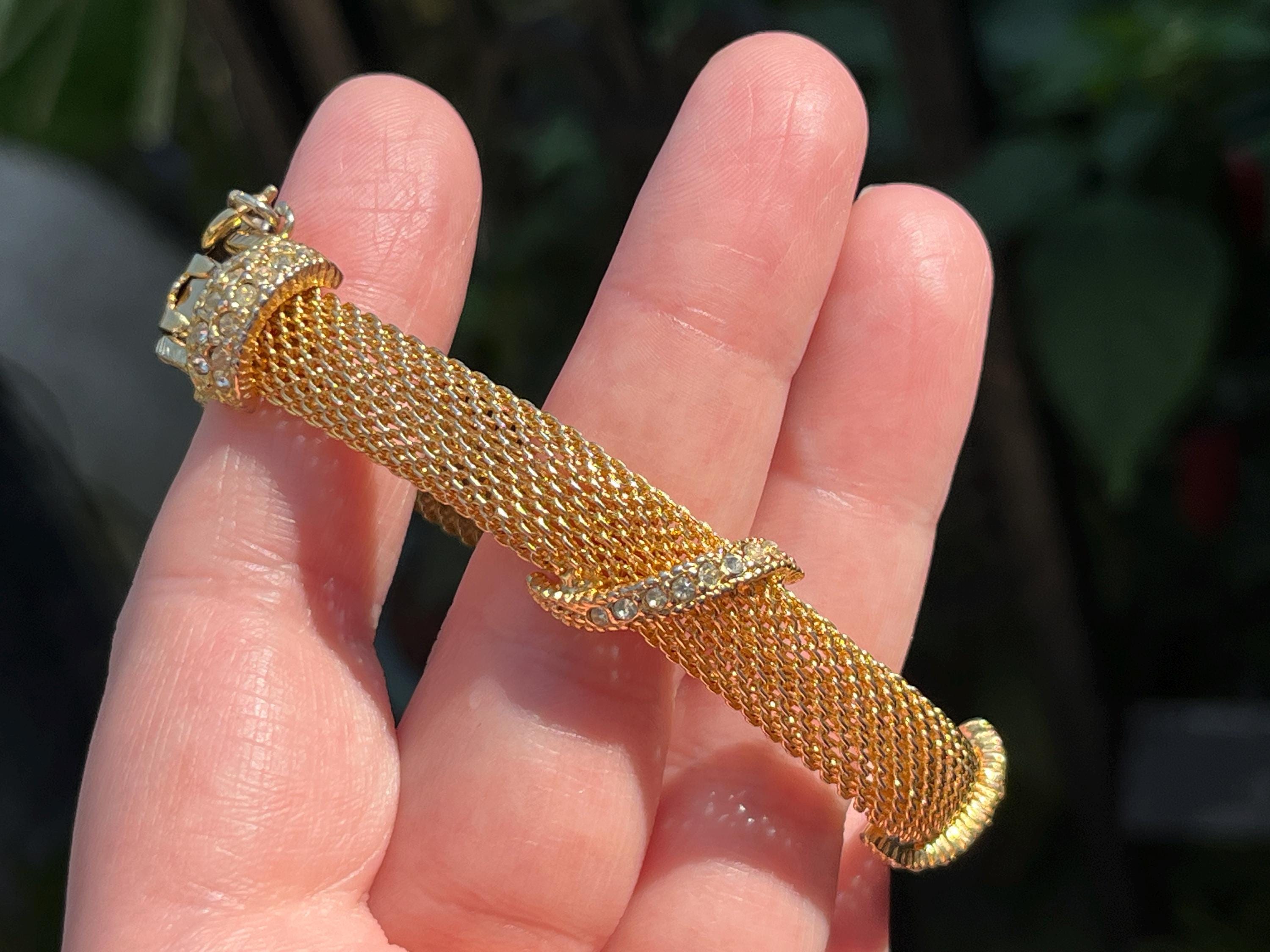 Vintage Elegant Gold Tone Mesh Rhinestone Bracelet 6” Wedding Goldette Mesh Bracelet With Rhinestones, Ca. 1960s - Etsy main image 2