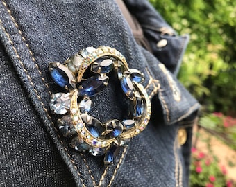 Sapphire Rhinestone Brooch with Aurora Borealis Stones, ca. 1950s