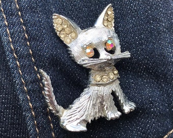 Vintage Cat Brooch with Rhinestones, ca. 1960s