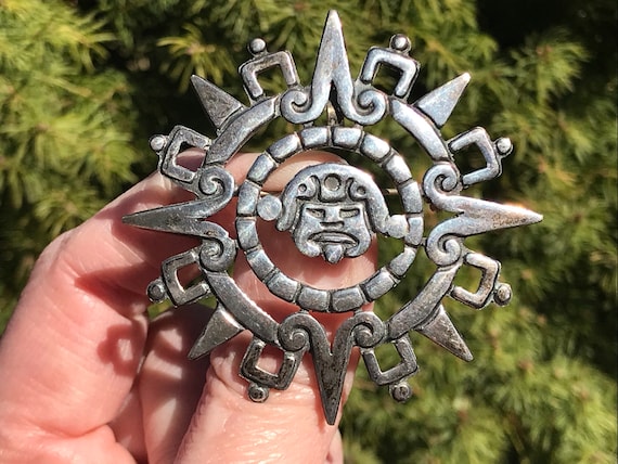 Mexican Sterling Aztec Sun Stone Brooch/Pendant, … - image 1