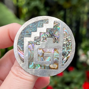 Mexican Sterling Brooch with Inlaid Abalone Design, RRB Taxco, ca. 1960s