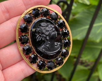 Cameo Dress Clip - Victorian Revival, Black Rhinestones
