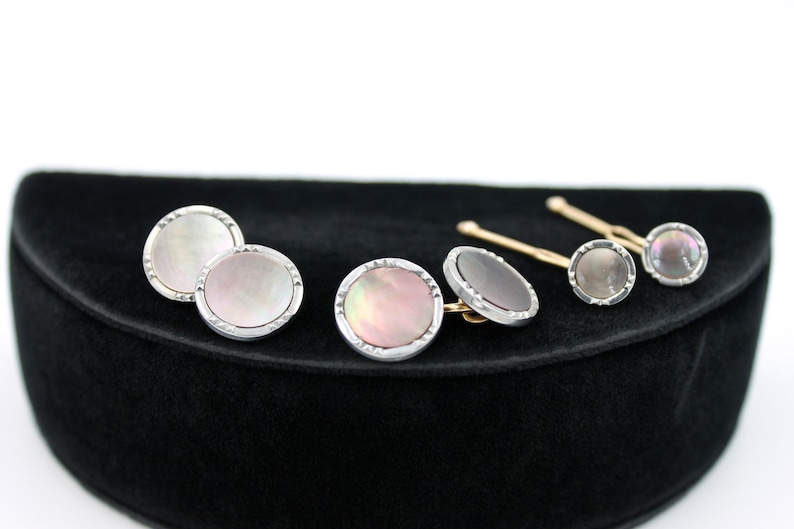 Krementz Tuxedo Dress Set Cuff Links and Studs Missing One Stud Original Box Abalone