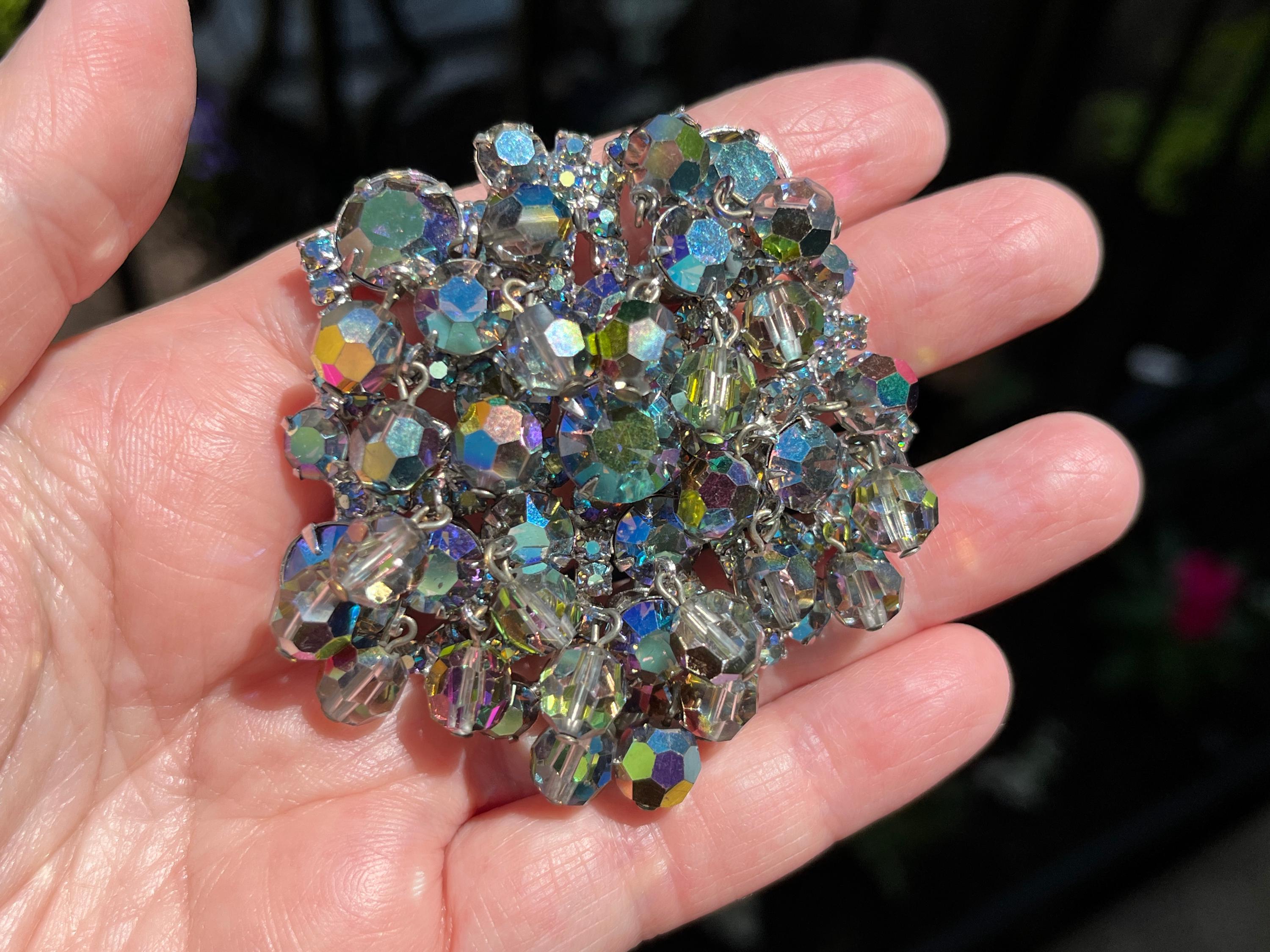 Cha Cha Brooch with Aurora Borealis Beads and Rhinestones, ca. 1950s
