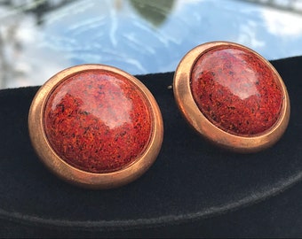 Copper Earrings with Speckled Red Cabochons, ca. 1960s