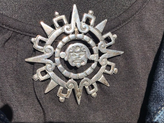 Mexican Sterling Aztec Sun Stone Brooch/Pendant, … - image 4