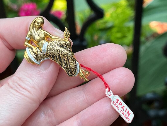 Damascene Style Lady Brooch with Original Tag, Ma… - image 3