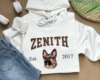 Bestickter Hundename, personalisiertes Haustier-Gesicht-Sweatshirt von Ihrem Foto, Varsity-Sweatshirt, Geschenk für Hundevater / -mutter