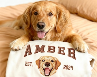 Bestickter Hundename, personalisiertes Haustier-Gesicht-Sweatshirt von Ihrem Foto, Varsity-Sweatshirt, Geschenk für Hundevater / -mutter