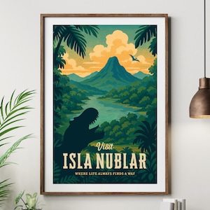 May include: A framed art print with a vintage travel poster design for Isla Nublar. The artwork shows a green jungle landscape with a volcano, river, and dinosaur silhouette. Text reads "Visit Isla Nublar" and "Where life always finds a way."