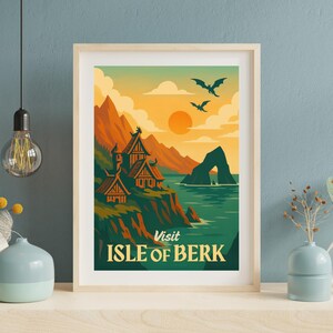 May include: Framed art print featuring a vintage travel poster design. The artwork depicts a coastal landscape with Viking-style buildings, mountains, and dragons flying in the sky. The text "Visit Isle of Berk" is displayed at the bottom, with a warm color palette.