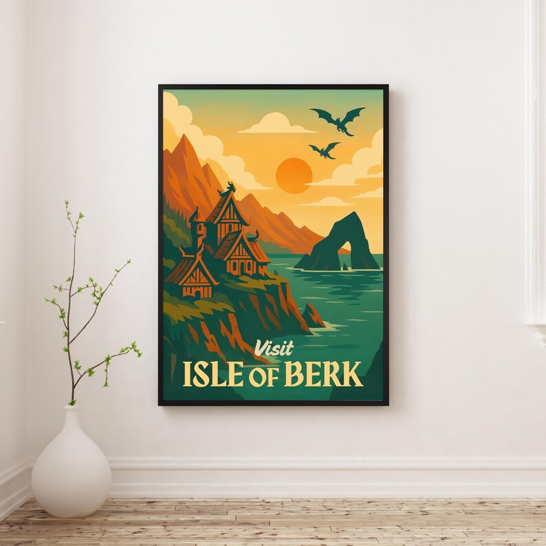 May include: A framed travel poster with a vintage aesthetic. The poster features a coastal landscape with Viking-style buildings, mountains, and dragons silhouetted against a sunset. Text reads "Visit Isle of Berk."